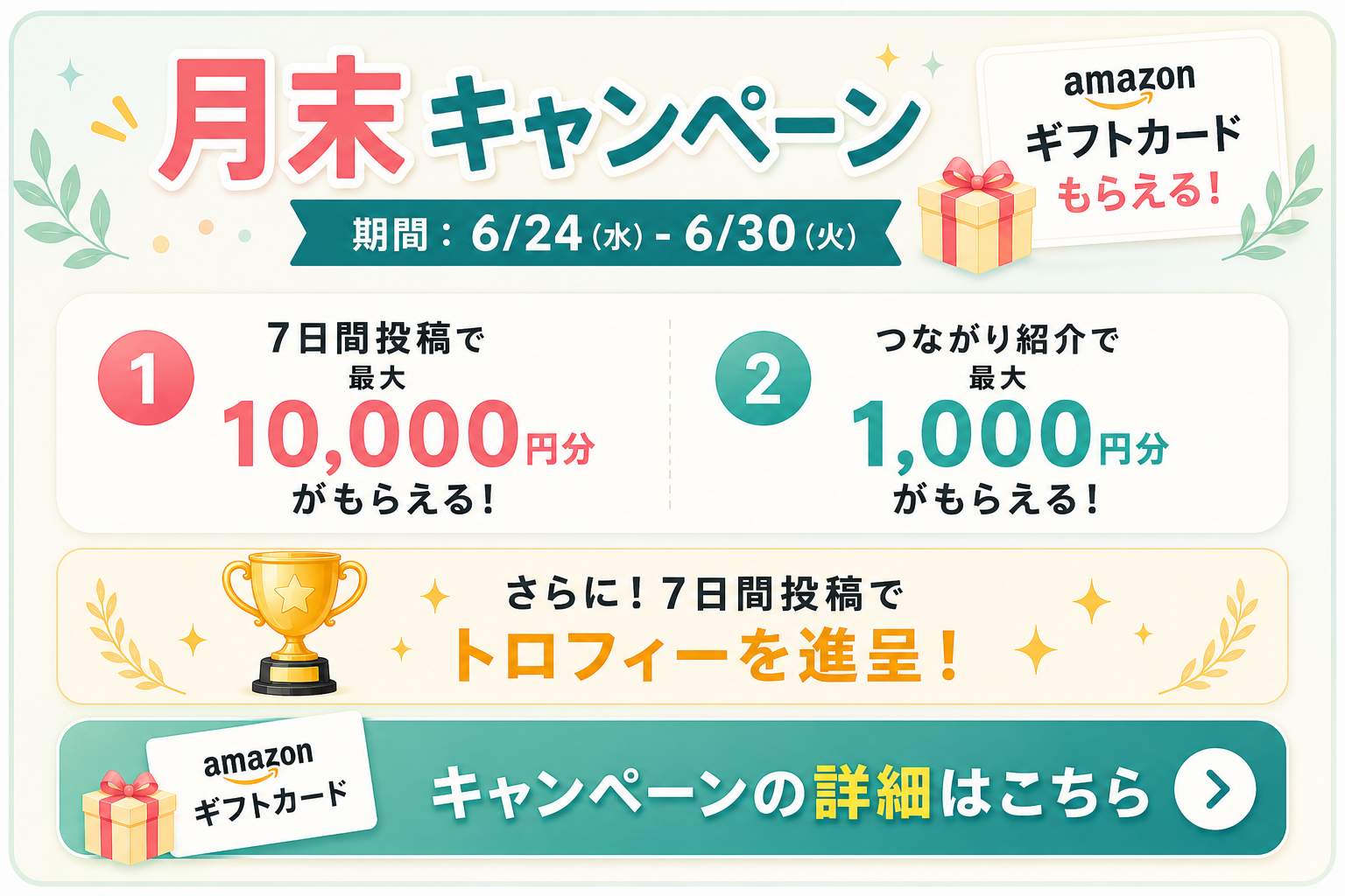月末キャンペーン 6/24(水)〜6/30(火) 7日間投稿で最大10,000円分のAmazonギフトカードがもらえる